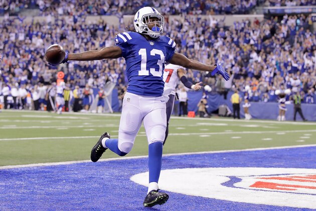 INDIANAPOLIS, IN - DECEMBER 11: T.Y. Hilton #13 of the Indianapolis Colts runs into the endzone for a touchdown during the fourth quarter of the game against the Houston Texans at Lucas Oil Stadium on December 11, 2016 in Indianapolis, Indiana.  (Photo by Andy Lyons/Getty Images)