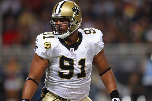 ST. LOUIS, MO - OCTOBER 30: Will Smith #91 of the New Orleans Saints looks on against the St. Louis Rams at the Edward Jones Dome on October 30, 2011 in St. Louis, Missouri.  The St. Louis won 31-21.  (Photo by Dilip Vishwanat/Getty Images)