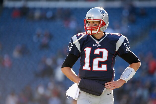 FOXBORO, MA - DECEMBER 04:  Tom Brady #12 of the New England Patriots looks on before the game against the Los Angeles Rams at Gillette Stadium on December 4, 2016 in Foxboro, Massachusetts.  (Photo by Jim Rogash/Getty Images)