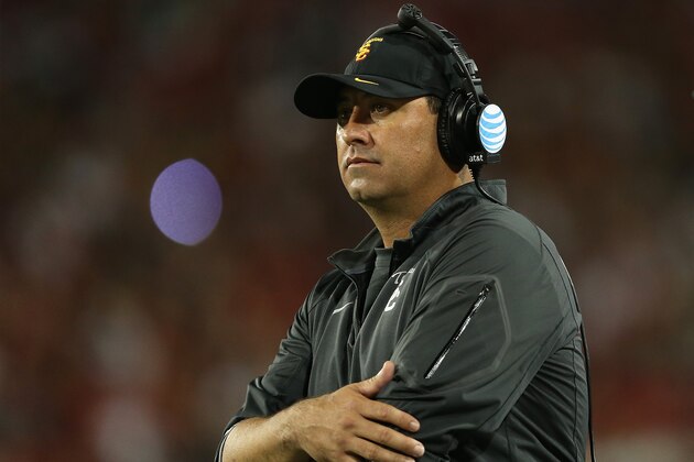 TUCSON, AZ - OCTOBER 11:  Head coach Steve Sarkisian of the USC Trojans on the sidelines during the college football game against the Arizona Wildcats at Arizona Stadium on October 11, 2014 in Tucson, Arizona.  The Trojans defeatred the Wildcats 28-26.  (Photo by Christian Petersen/Getty Images)