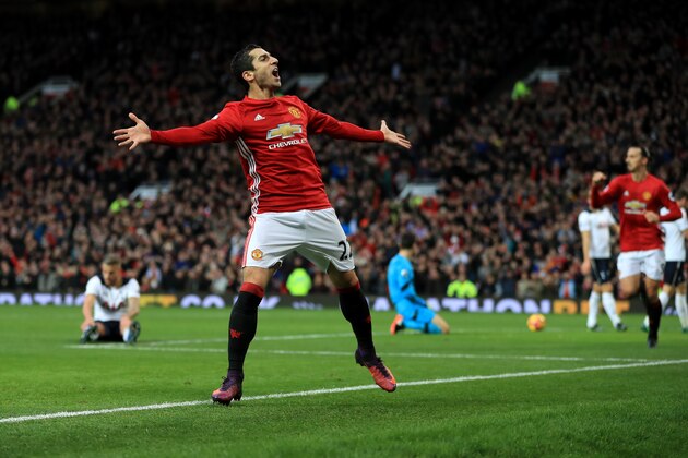 MANCHESTER, ENGLAND - DECEMBER 11:  Henrikh Mkhitaryan of Manchester United celebrates scoring the opening goal during the Premier League match between Manchester United and Tottenham Hotspur at Old Trafford on December 11, 2016 in Manchester, England.  (Photo by Richard Heathcote/Getty Images)