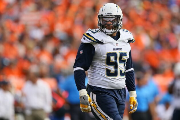 DENVER, CO - OCTOBER 30:  Defensive end Tenny Palepoi #95 of the San Diego Chargers at Sports Authority Field at Mile High on October 30, 2016 in Denver, Colorado. (Photo by Justin Edmonds/Getty Images)