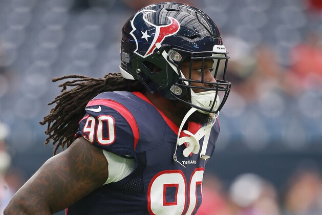 HOUSTON, TX - OCTOBER 02:  Jadeveon Clowney #90 of the Houston Texans takes the field during warm ups before playing the Tennessee Titans at NRG Stadium on October 2, 2016 in Houston, Texas.  (Photo by Bob Levey/Getty Images)
