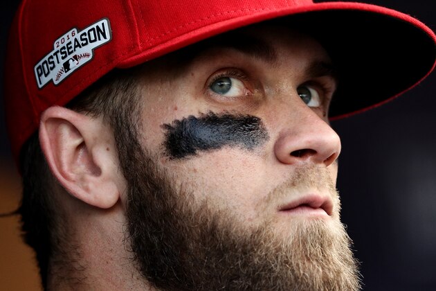 WASHINGTON, DC - OCTOBER 07: Bryce Harper #34 of the Washington Nationals looks on against the Los Angeles Dodgers prior to game one of the National League Division Series at Nationals Park on October 7, 2016 in Washington, DC. (Photo by Patrick Smith/Getty Images)