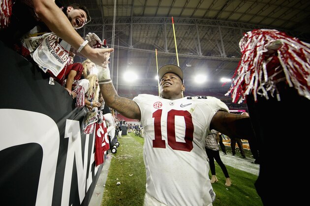 GLENDALE, AZ - JANUARY 11:  Reuben Foster #10 of the Alabama Crimson Tide celebrates after defeating the Clemson Tigers in the 2016 College Football Playoff National Championship Game at University of Phoenix Stadium on January 11, 2016 in Glendale, Arizona.  The Crimson Tide defeated the Tigers with a score of 45 to 40.  (Photo by Christian Petersen/Getty Images)
