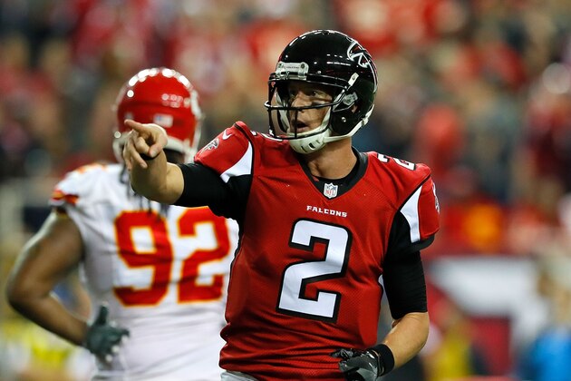 ATLANTA, GA - DECEMBER 04:  Matt Ryan #2 of the Atlanta Falcons reacts after passing for a touchdown to Aldrick Robinson #19 against the Kansas City Chiefs at Georgia Dome on December 4, 2016 in Atlanta, Georgia.  (Photo by Kevin C. Cox/Getty Images)