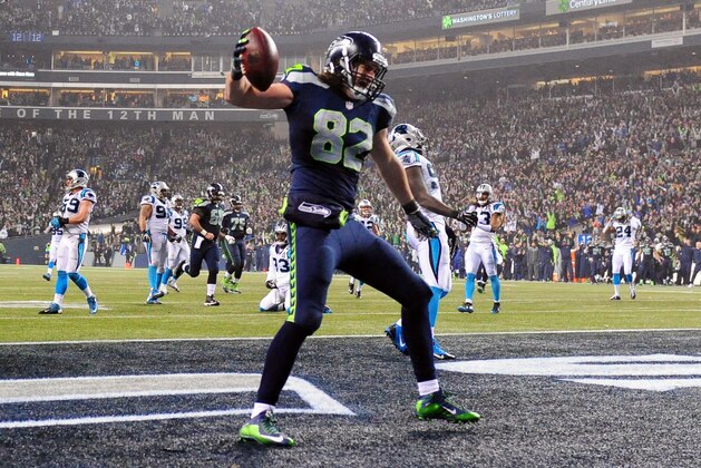 SEATTLE, WA - JANUARY 10: Luke Willson #82 of the Seattle Seahawks celebrates after scoring a 25 yard touchdown in the fourth quarter against the Carolina Panthers during the 2015 NFC Divisional Playoff game at CenturyLink Field on January 10, 2015 in Seattle, Washington. (Photo by Steve Dykes/Getty Images) SEATTLE, WA - JANUARY 10: Luke Willson #82 of the Seattle Seahawks celebrates after scoring a 25 yard touchdown in the fourth quarter against the Carolina Panthers during the 2015 NFC Divisional Playoff game at CenturyLink Field on January 10, 2015 in Seattle, Washington. (Photo by Steve Dykes/Getty Images)