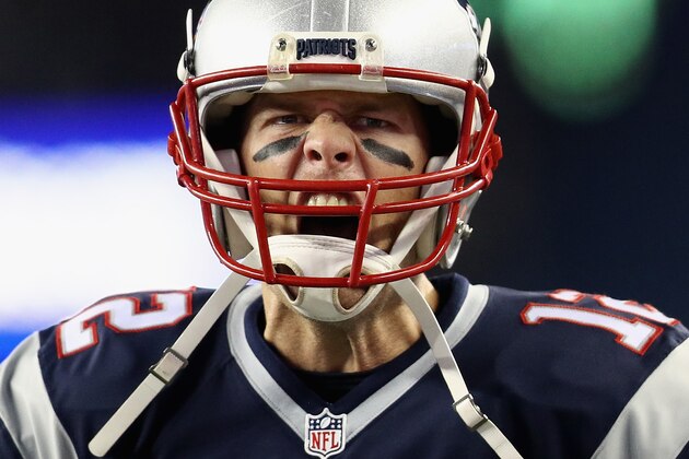 FOXBORO, MA - DECEMBER 12:  Tom Brady #12 of the New England Patriots reacts as he runs on the field prior to the game against the Baltimore Ravens at Gillette Stadium on December 12, 2016 in Foxboro, Massachusetts.  (Photo by Maddie Meyer/Getty Images)