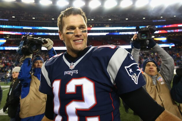 FOXBORO, MA - DECEMBER 12:  Tom Brady #12 of the New England Patriots reacts after defeating the Baltimore Ravens 30-23 at Gillette Stadium on December 12, 2016 in Foxboro, Massachusetts.  (Photo by Adam Glanzman/Getty Images)