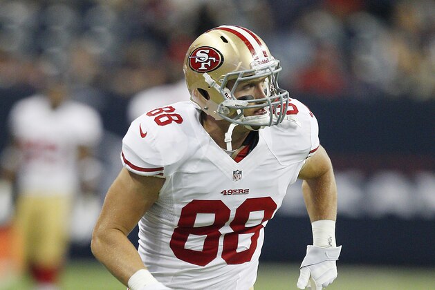HOUSTON, TX - AUGUST 18: Konrad Reuland #88 of the San Francisco 49ers during preseason game action against the Houston Texans at Reliant Stadium on August 18, 2012 in Houston, Texas.  (Photo by Bob Levey/Getty Images)