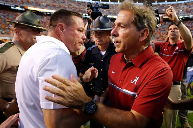 KNOXVILLE, TN - OCTOBER 15:  Head coach Nick Saban of the Alabama Crimson Tide shakes hands with head coach Butch Jones of the Tennessee Volunteers after their 49-10 win at Neyland Stadium on October 15, 2016 in Knoxville, Tennessee.  (Photo by Kevin C. Cox/Getty Images)