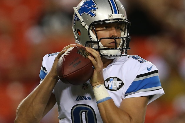 LANDOVER, MD - AUGUST 20: Quarterback Matthew Stafford #9 of the Detroit Lions looks to make a pass during a preseason game against the Washington Redskins at FedEx Field on August 20, 2015 in Landover, Maryland.  (Photo by Matt Hazlett/Getty Images)