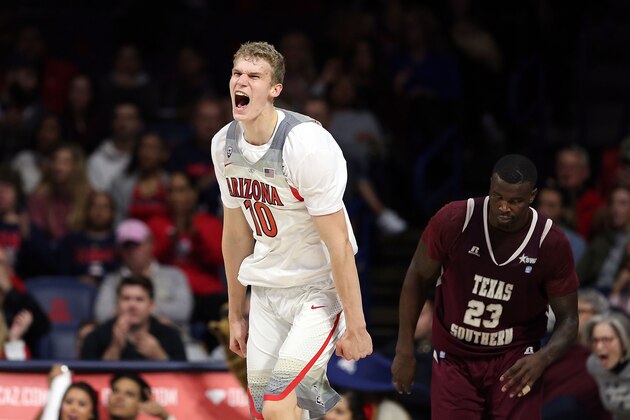 TUCSON, AZ - NOVEMBER 30: Lauri Markkanen #10 of the Arizona Wildcats reacts after making a three point basket during the second half of the NCAA college basketball game against the Texas Southern Tigers at McKale Center on November 30, 2016 in Tucson, Arizona. Arizona won 85-63. (Photo by Chris Coduto/Getty Images)