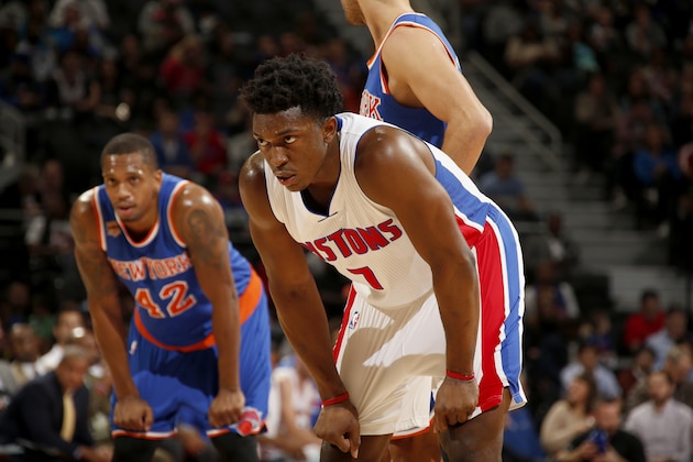 AUBURN HILLS, MI - NOVEMBER 1:  Stanley Johnson #7 of the Detroit Pistons looks on against the New York Knicks on November 1, 2016 at The Palace of Auburn Hills in Auburn Hills, Michigan. NOTE TO USER: User expressly acknowledges and agrees that, by downloading and/or using this photograph, User is consenting to the terms and conditions of the Getty Images License Agreement. Mandatory Copyright Notice: Copyright 2016 NBAE (Photo by Brian Sevald/NBAE via Getty Images)