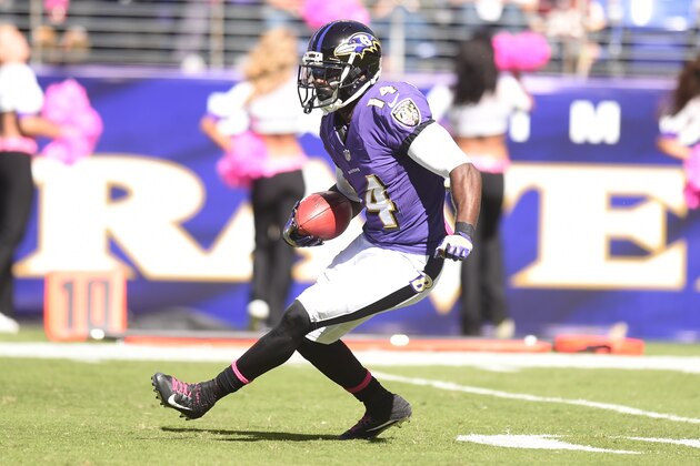 BALTIMORE, MD - OCTOBER 09:  Devin Hester #14 of the Baltimore Ravens runs with the ball during a football game against the Washington Redskins at M & T Stadium on October 9, 2016 in Baltimore, Maryland.  The Redskins won 16-10.  (Photo by Mitchell Layton/Getty Images)