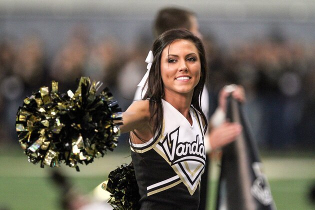MOSCOW, ID - SEPTEMBER 26: Idaho Vandals cheerleader performing during second half action between the Georgia Southern Eagles and the Idaho Vandals on September 26, 2015 at the Kibbie Dome in Moscow, Idaho. Georgia Southern won the game 44-20. (Photo by Loren Orr/Getty Images)