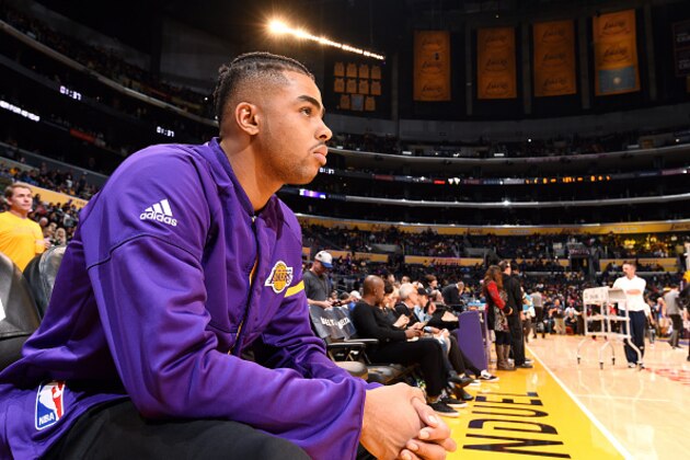 LOS ANGELES, CA - NOVEMBER 20: D'Angelo Russell #1 of the Los Angeles Lakers looks on before the game against the Chicago Bulls on November 20, 2016 at STAPLES Center in Los Angeles, California. NOTE TO USER: User expressly acknowledges and agrees that, by downloading and/or using this Photograph, user is consenting to the terms and conditions of the Getty Images License Agreement. Mandatory Copyright Notice: Copyright 2016 NBAE (Photo by Andrew D. Bernstein/NBAE via Getty Images)