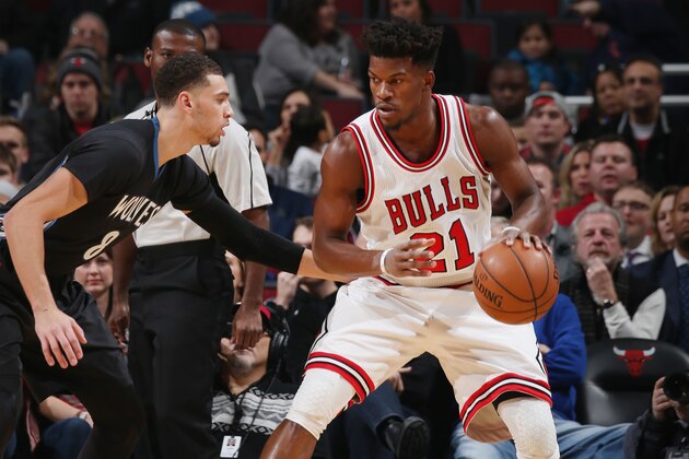 CHICAGO, IL - DECEMBER 13:  Jimmy Butler #21 of the Chicago Bulls handles the ball during a game against the Minnesota Timberwolves on December 13, 2016 at the United Center in Chicago, Illinois. NOTE TO USER: User expressly acknowledges and agrees that, by downloading and/or using this photograph, user is consenting to the terms and conditions of the Getty Images License Agreement. Mandatory Copyright Notice: Copyright 2016 NBAE (Photo by Gary Dineen/NBAE via Getty Images)