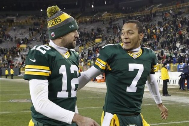 Green Bay Packers' Brett Hundley talks to Aaron Rodgers an NFL football game against the Seattle Seahawks Sunday, Dec. 11, 2016, in Green Bay, Wis. The Packers won 38-10. (AP Photo/Jeffrey Phelps)
