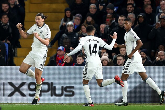 LONDON, ENGLAND - DECEMBER 14:  Zlatan Ibrahimovic (L) of Manchester United celebrates scoring his team's second goal during the Premier League match between Crystal Palace and Manchester United at Selhurst Park on December 14, 2016 in London, England.  (Photo by Clive Rose/Getty Images)