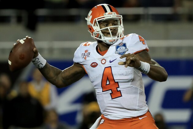 ORLANDO, FL - DECEMBER 03:  Deshaun Watson #4 of the Clemson Tigers attempts a pass during the ACC Championship game against the Virginia Tech Hokies on December 3, 2016 in Orlando, Florida.  (Photo by Sam Greenwood/Getty Images)