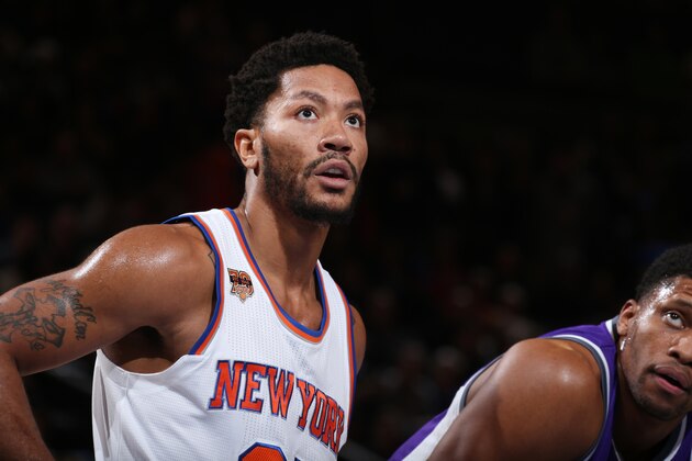 NEW YORK, NY - DECEMBER 4:  Derrick Rose #25 of the New York Knicks looks on during a game against the Sacramento Kings on December 4, 2016 at Madison Square Garden in New York City, New York. NOTE TO USER: User expressly acknowledges and agrees that, by downloading and/or using this photograph, user is consenting to the terms and conditions of the Getty Images License Agreement. Mandatory Copyright Notice: Copyright 2016 NBAE (Photo by Nathaniel S. Butler/NBAE via Getty Images)