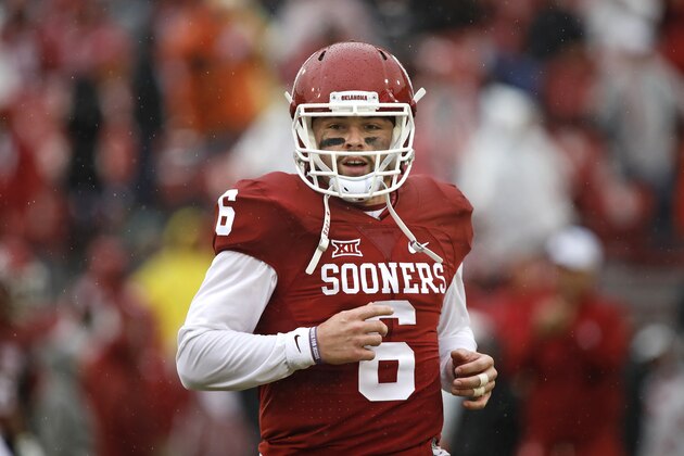 NORMAN, OK - DECEMBER 3: Quarterback Baker Mayfield #6 of the Oklahoma Sooners during warm ups before the game against the Oklahoma State Cowboys December 3, 2016 at Gaylord Family-Oklahoma Memorial Stadium in Norman, Oklahoma. Oklahoma defeated Oklahoma State 38-20 to become Big XII champions. (Photo by Brett Deering/Getty Images)