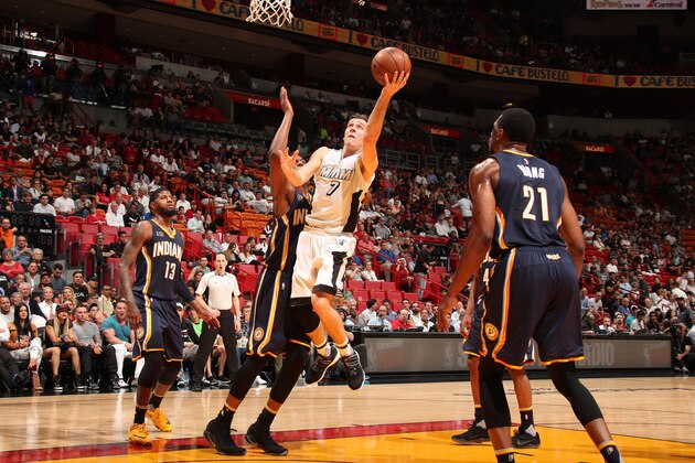 MIAMI, FL - DECEMBER 14: Goran Dragic #7 of the Miami Heat goes up for a lay up against the Indiana Pacers on December 14, 2016 at American Airlines Arena in Miami, Florida. NOTE TO USER: User expressly acknowledges and agrees that, by downloading and or using this Photograph, user is consenting to the terms and conditions of the Getty Images License Agreement. Mandatory Copyright Notice: Copyright 2016 NBAE (Photo by Issac Baldizon/NBAE via Getty Images)