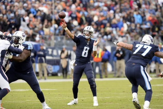 Tennessee Titans quarterback Marcus Mariota (8) passes against the Denver Broncos in the first half of an NFL football game Sunday, Dec. 11, 2016, in Nashville, Tenn. (AP Photo/Mark Zaleski)