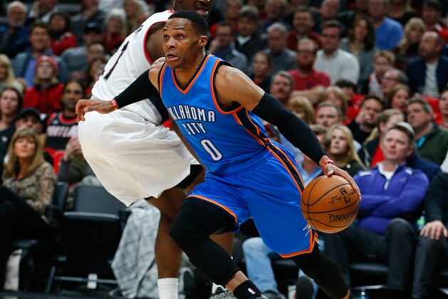 PORTLAND, OR - DECEMBER 13:  Russell Westbrook #0 of the Oklahoma City Thunder idrives against the Portland Trail Blazers  at Moda Center on December 13, 2016 in Portland, Oregon. NOTE TO USER: User expressly acknowledges and agrees that, by downloading and or using this photograph, User is consenting to the terms and conditions of the Getty Images License Agreement.  (Photo by Jonathan Ferrey/Getty Images)