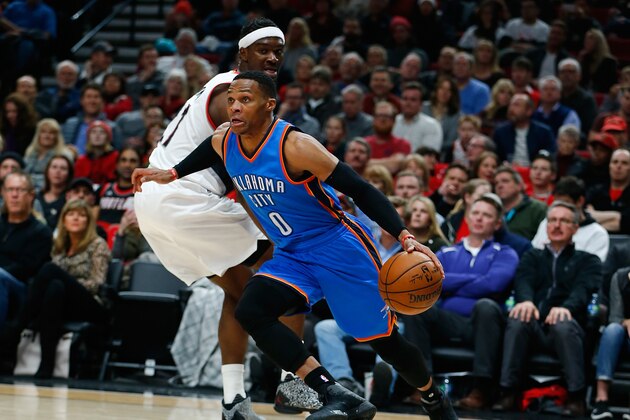 PORTLAND, OR - DECEMBER 13:  Russell Westbrook #0 of the Oklahoma City Thunder idrives against the Portland Trail Blazers  at Moda Center on December 13, 2016 in Portland, Oregon. NOTE TO USER: User expressly acknowledges and agrees that, by downloading and or using this photograph, User is consenting to the terms and conditions of the Getty Images License Agreement.  (Photo by Jonathan Ferrey/Getty Images)