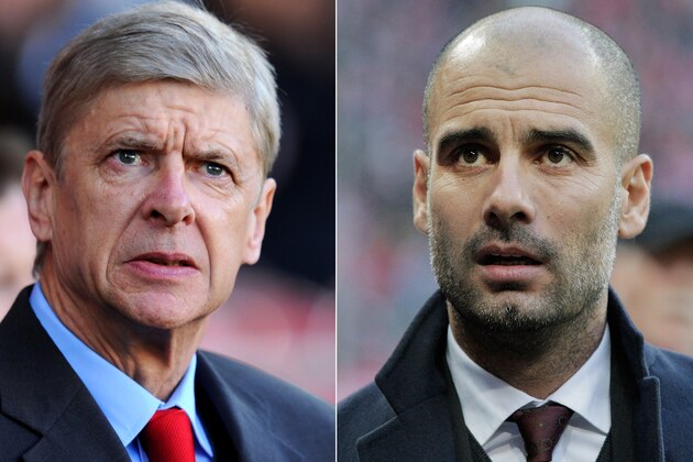 FILE PHOTO - EDITORS NOTE: COMPOSITE OF TWO IMAGES - Image Numbers 452603077 (L) and 452615683) In this composite image a comparison has been made between Arsene Wenger the Arsenal manager (L) and Head coach Josep Guardiola of Bayern Munich. Arsenal and Bayern Munich meet in the UEFA Champions League Round of 16 match 1st leg on February 19,2014 with the 2nd leg on March 11 ,2014.  ***LEFT IMAGE*** CARDIFF, WALES - NOVEMBER 30: Arsene Wenger manager of Arsenal looks on prior to the Barclays Premier League match between Cardiff City and Arsenal at Cardiff City Stadium on November 30, 2013 in Cardiff, Wales. (Photo by Mike Hewitt/Getty Images)  ***RIGHT IMAGE*** MUNICH, GERMANY - NOVEMBER 30: Josep Guardiola of Bayern comes onto the pitch before the Bundesliga match between Bayern Muenchen and Eintracht Braunschweig at Allianz Arena on November 30, 2013 in Munich, Germany. (Photo by Adam Pretty/Bongarts/Getty Images)