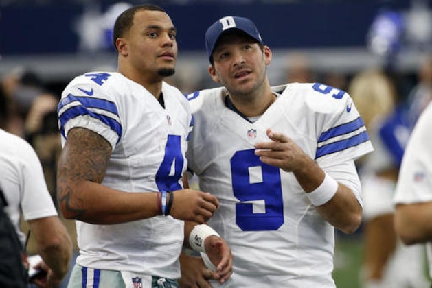 Dallas Cowboys' Dak Prescott (4) and Tony Romo (9) talk on the sideline in the first half of an NFL football game against the Baltimore Ravens on Sunday, Nov. 20, 2016, in Arlington, Texas. (AP Photo/Michael Ainsworth)