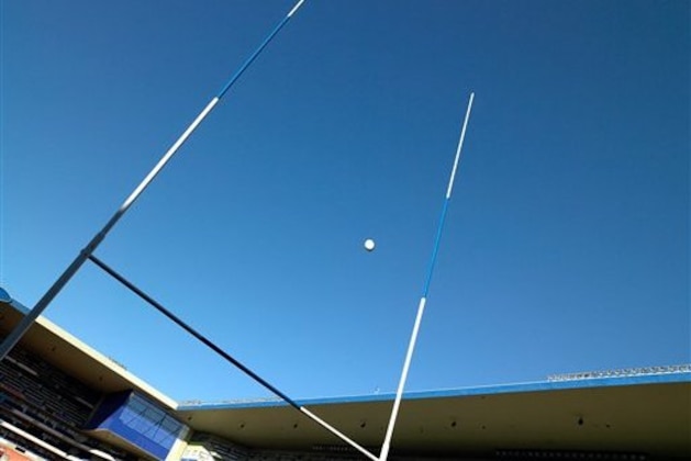 Rugby ball over a rugby post (Image Source via AP Images)
