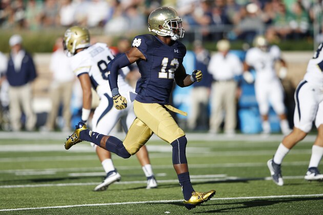 SOUTH BEND, IN - SEPTEMBER 19: Devin Butler #12 of the Notre Dame Fighting Irish in action against the Georgia Tech Yellow Jackets during the game at Notre Dame Stadium on September 19, 2015 in South Bend, Indiana. Notre Dame defeated Georgia Tech 30-22. (Photo by Joe Robbins/Getty Images)