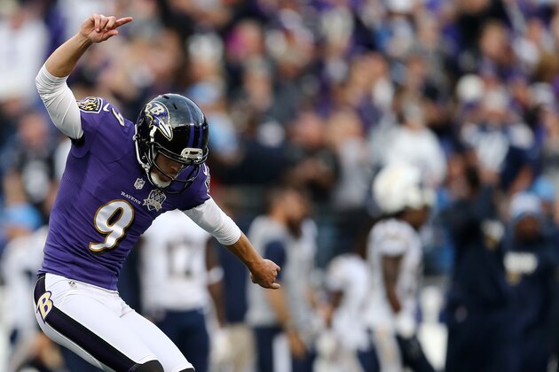 BALTIMORE, MD - NOVEMBER 1: Kicker Justin Tucker #9 of the Baltimore Ravens celebrates after kicking the game winning field goal in the fourth quarter to defeat the San Diego Chargers 29-26 at M&T Bank Stadium on November 1, 2015 in Baltimore, Maryland. (Photo by Matt Hazlett/Getty Images)