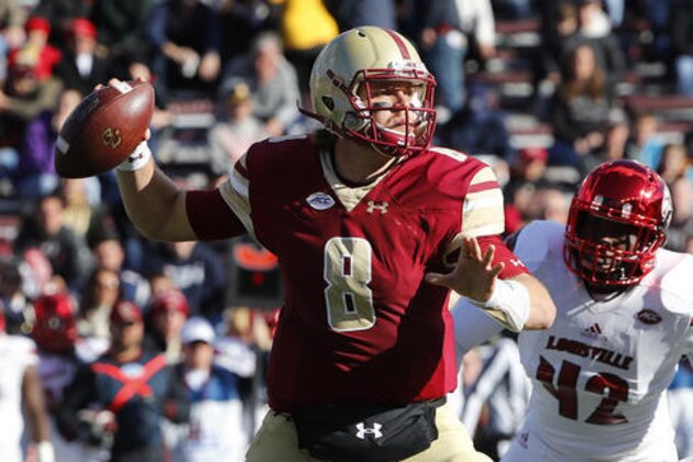Boston College quarterback Patrick Towles during the second half of Louisville's 52-7 win over Boston College in an NCAA football game at Alumni Stadium in Boston, Mass. Saturday, Nov. 5, 2016. (AP Photo/Winslow Townson)