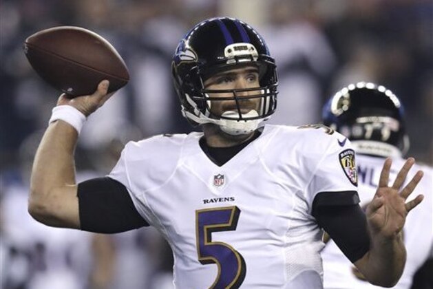 Baltimore Ravens quarterback Joe Flacco (5) during the first half of an NFL football game, Monday, Dec. 12, 2016, in Foxborough, Mass. (AP Photo/Charles Krupa)