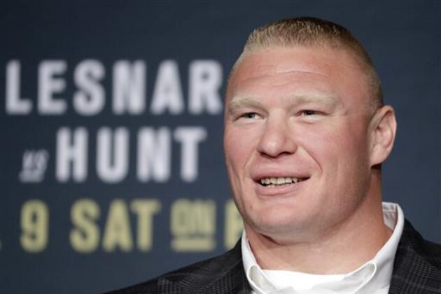 Brock Lesnar attends a UFC 200 mixed martial arts news conference, Wednesday, July 6, 2016, in Las Vegas. Lesnar is scheduled to fight Mark Hunt in a heavyweight fight at UFC 200 on Saturday. (AP Photo/John Locher)