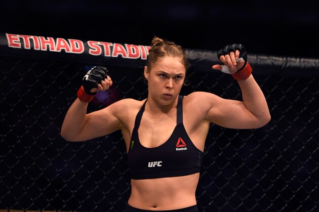 MELBOURNE, AUSTRALIA - NOVEMBER 15:  Ronda Rousey waits in her corner before facing Holly Holm in their women's bantamweight championship bout during the UFC 193 event at Etihad Stadium on November 15, 2015 in Melbourne, Australia. (Photo by Jeff Bottari/Zuffa LLC/Zuffa LLC via Getty Images)