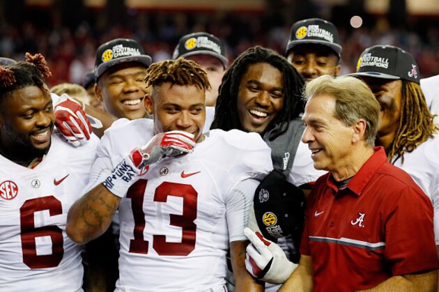 ATLANTA, GA - DECEMBER 03:  Head coach Nick Saban and ArDarius Stewart #13 of the Alabama Crimson Tide celebrate their 54 to 16 win over the Florida Gators during the SEC Championship game at the Georgia Dome on December 3, 2016 in Atlanta, Georgia.  (Photo by Kevin C. Cox/Getty Images)