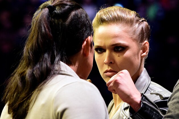 NEW YORK, NY - NOVEMBER 11:   (R-L) UFC 207 opponents Ronda Rousey and Amanda Nunes face off during the UFC 205 weigh-in inside Madison Square Garden on November 11, 2016 in New York City. (Photo by Mike Roach/Zuffa LLC/Zuffa LLC via Getty Images)