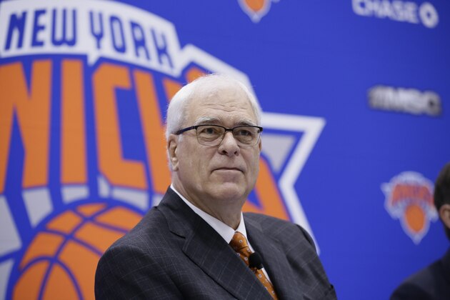 GREENBURG, NY June 3: The New York Knicks Phil Jackson introduces Jeff Hornacek as their new head coach during a press conference at the Knicks Practice Center on June 3, 2016 in Greenburg, New York. NOTE TO USER: User expressly acknowledges and agrees that, by downloading and/or using this photograph, user is consenting to the terms and conditions of the Getty Images License Agreement.  Mandatory Copyright Notice: Copyright 2016 NBAE (Photo by Steven Freeman/NBAE via Getty Images)