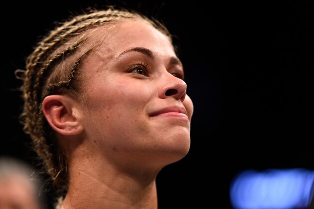 VANCOUVER, BC - AUGUST 27:  Paige VanZant of the United States celebrates her knockout victory over Bec Rawlings of Australia in their women's strawweight bout during the UFC Fight Night event at Rogers Arena on August 27, 2016 in Vancouver, British Columbia, Canada. (Photo by Jeff Bottari/Zuffa LLC/Zuffa LLC via Getty Images)