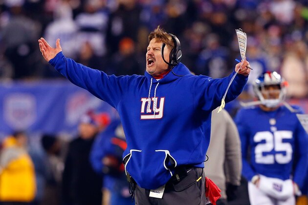 EAST RUTHERFORD, NJ - DECEMBER 11:  (NEW YORK DAILIES OUT)   Head coach Ben McAdoo of the New York Giants reacts during a game against the Dallas Cowboys on December 11, 2016 at MetLife Stadium in East Rutherford, New Jersey. The Giants defeated the Cowboys 10-7.  (Photo by Jim McIsaac/Getty Images)
