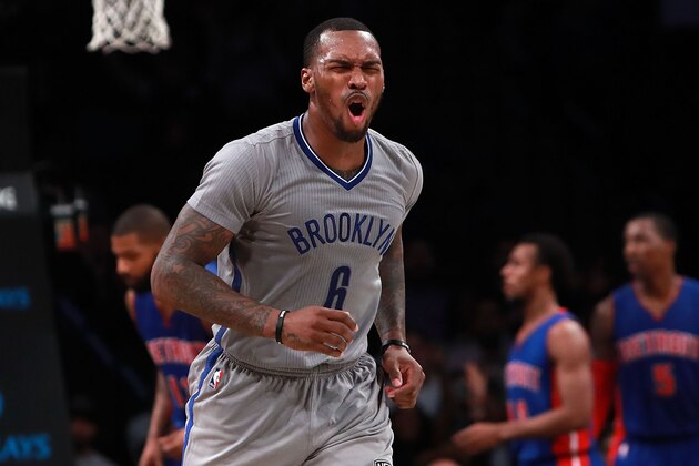 NEW YORK, NY - NOVEMBER 02:  Sean Kilpatrick #6 of the Brooklyn Nets celebrates after a basket against the Detroit Pistons during the second half at Barclays Center on November 2, 2016 in New York City. NOTE TO USER: User expressly acknowledges and agrees that, by downloading and or using this photograph, User is consenting to the terms and conditions of the Getty Images License Agreement.  (Photo by Michael Reaves/Getty Images)