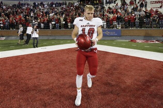 Eastern Washington wide receiver Cooper Kupp (10) walks off the field after Eastern Washington won an NCAA college football game against the Washington State in Pullman, Wash., Saturday, Sept. 3, 2016. (AP Photo/Young Kwak)