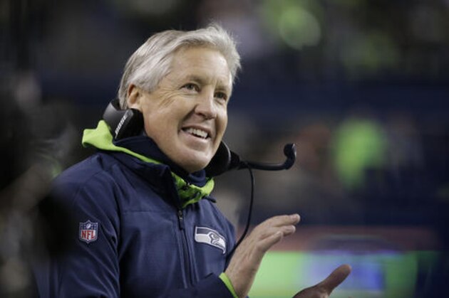 Seattle Seahawks head coach Pete Carroll reacts on the sideline during an NFL football game against the Los Angeles Rams, Thursday, Dec. 15, 2016, in Seattle. (AP Photo/Elaine Thompson)