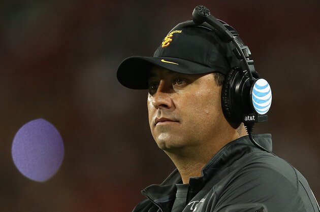 TUCSON, AZ - OCTOBER 11:  Head coach Steve Sarkisian of the USC Trojans on the sidelines during the college football game against the Arizona Wildcats at Arizona Stadium on October 11, 2014 in Tucson, Arizona.  The Trojans defeatred the Wildcats 28-26.  (Photo by Christian Petersen/Getty Images)