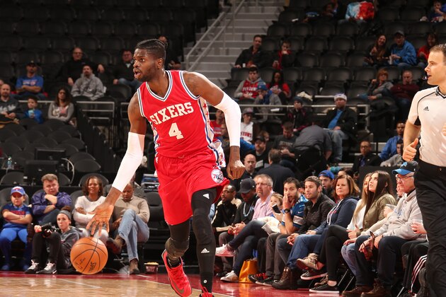 AUBURN HILLS, MI - DECEMBER 11: Nerlens Noel #4 of the Philadelphia 76ers brings the ball up court during the game against the Detroit Pistons on December 11, 2016 at The Palace of Auburn Hills in Auburn Hills, Michigan. NOTE TO USER: User expressly acknowledges and agrees that, by downloading and/or using this photograph, User is consenting to the terms and conditions of the Getty Images License Agreement. Mandatory Copyright Notice: Copyright 2016 NBAE (Photo by B. Sevald/Einstein/NBAE via Getty Images)